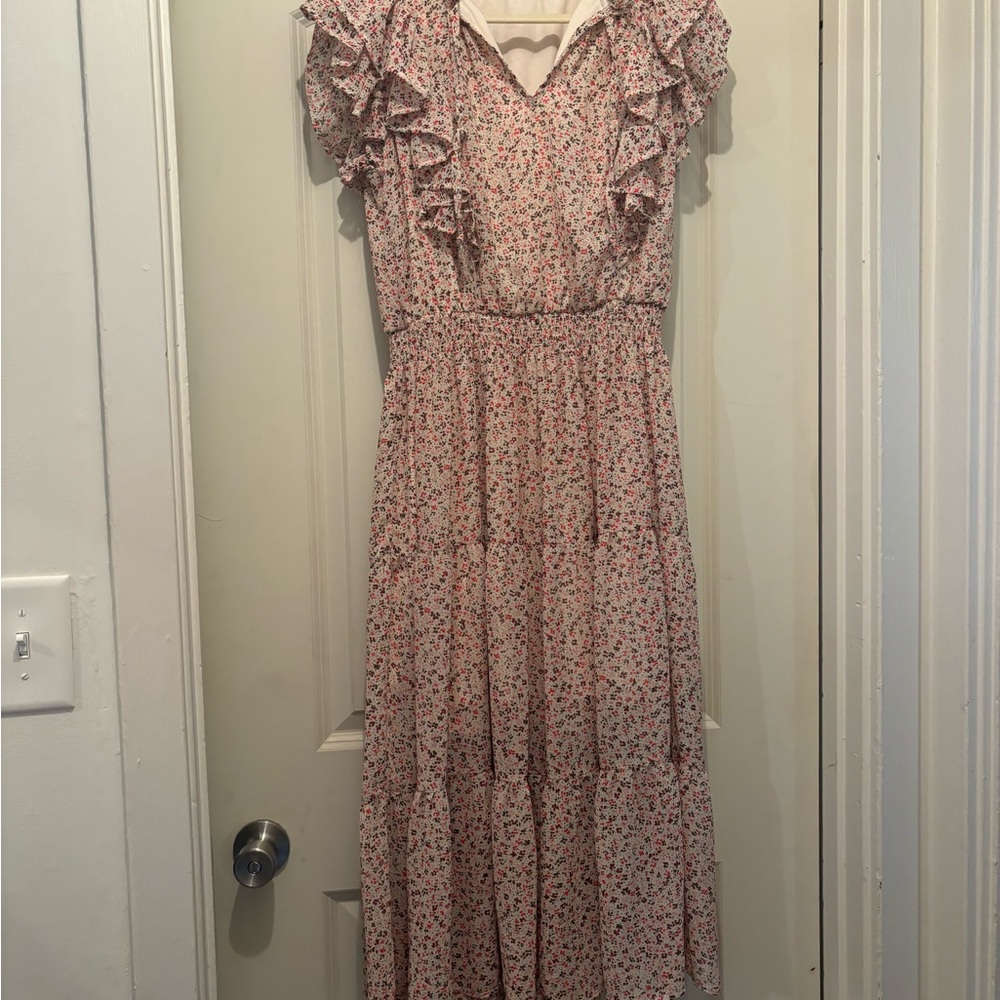 Chic Ruffle Floral Midi Dress in Pink